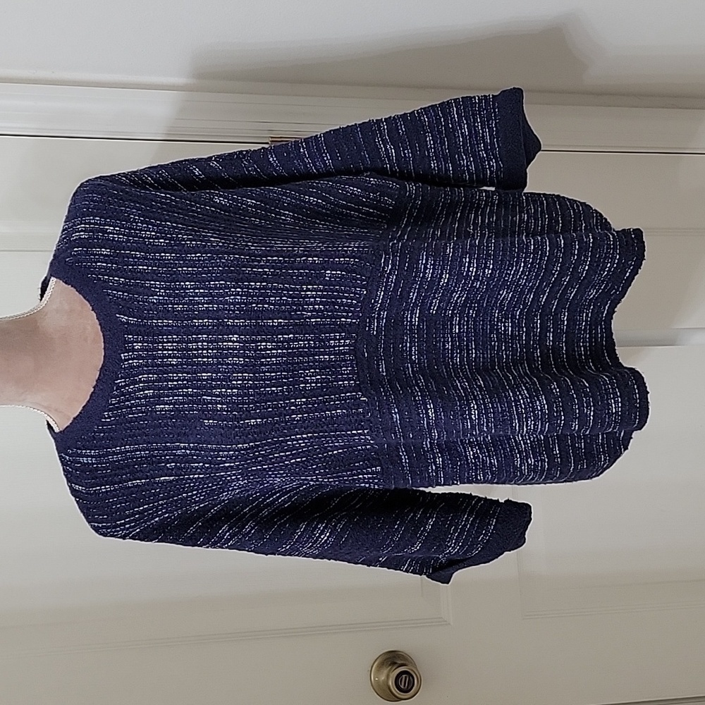 J. Jill PureJill Size SP Textured Boxy Striped Knit Sweater Cuffed Sleeves, Blue